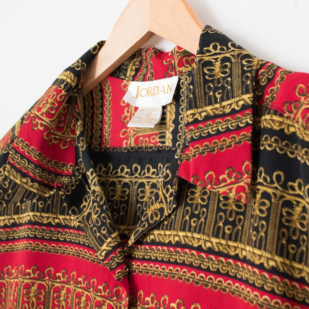Jordan | Vintage 80's/90's Long Sleeved Red Black & Gold Baroque Blouse | Size M - Picture 4 of 10